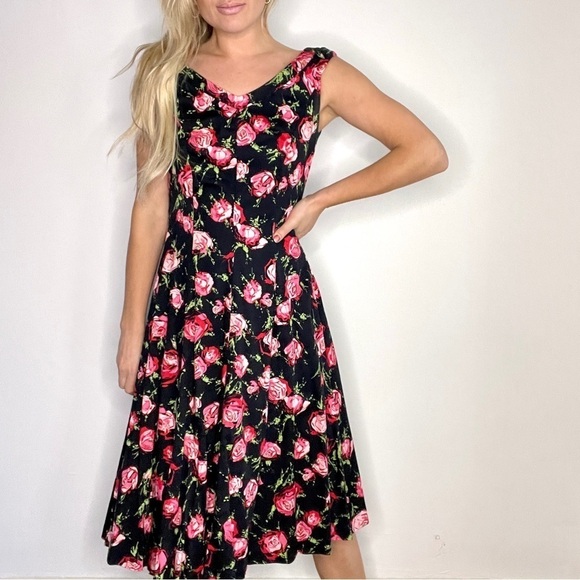 Talbots Black, Pink, Red Floral Retro Dress - Picture 2 of 14